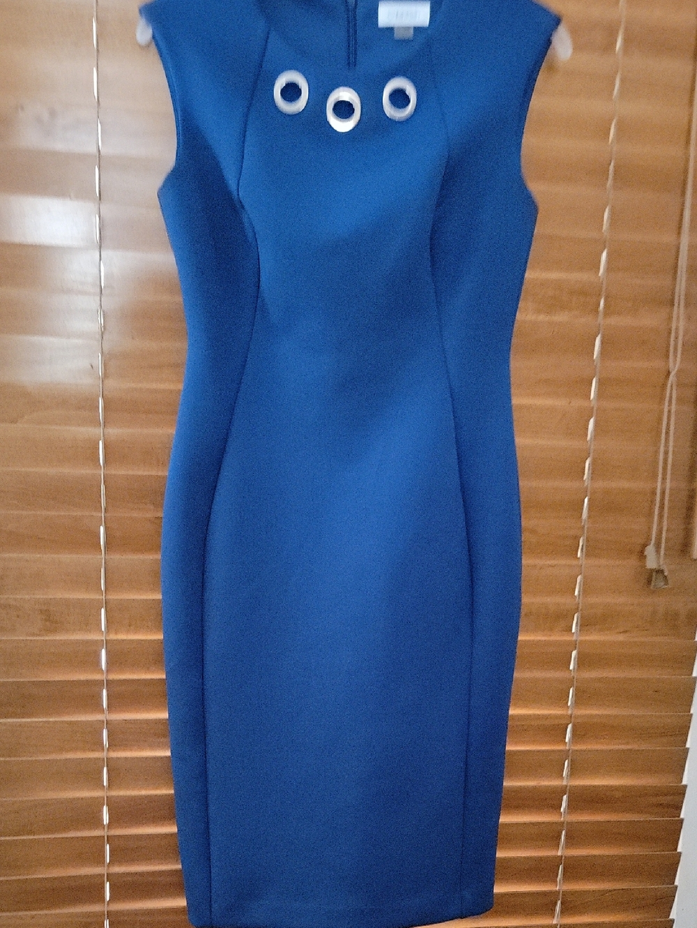 Calvin Klein Cobalt Blue Sleeveless Sheath Dress with Silver Ring Accents